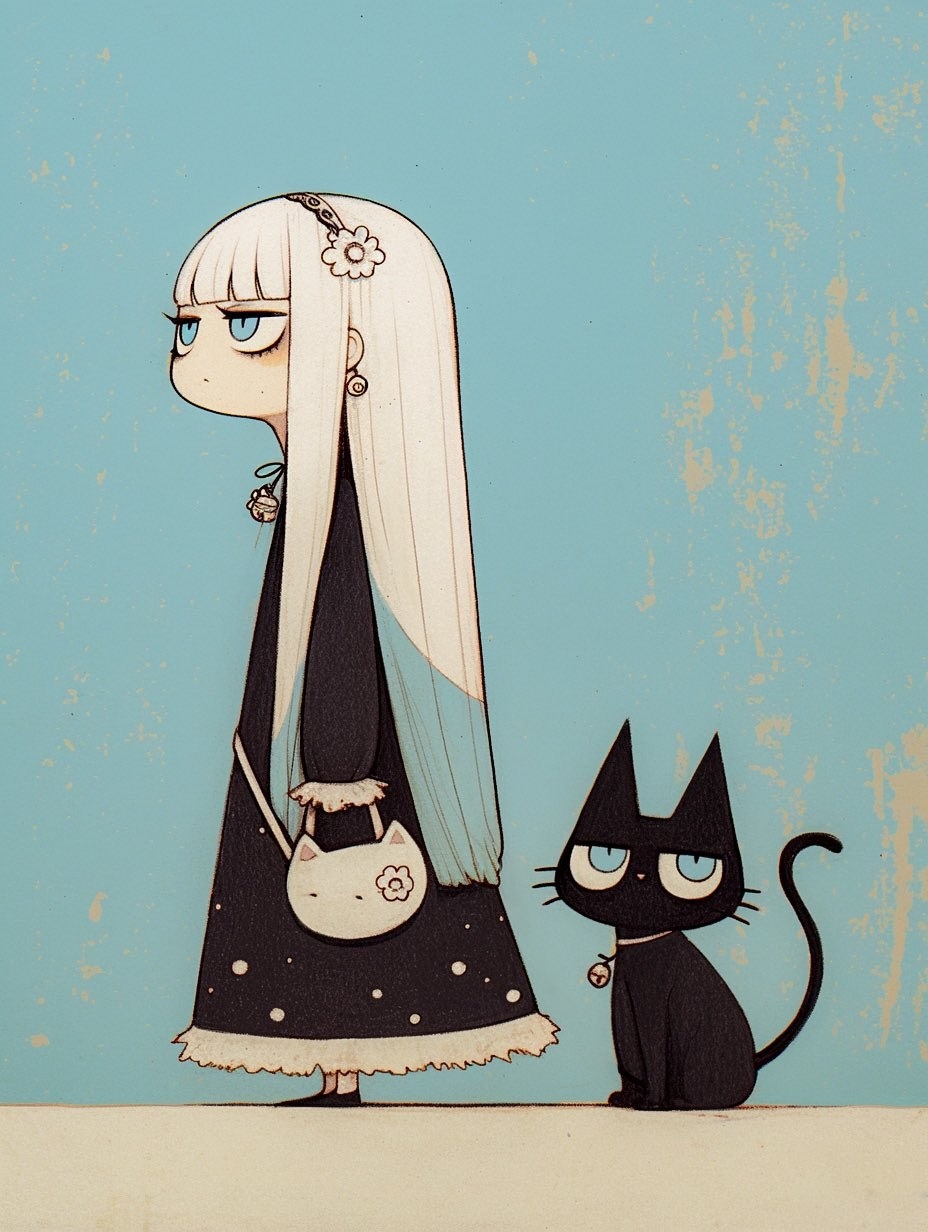 Uma garota com franja e cabelo longo branco está ao lado de um gato preto