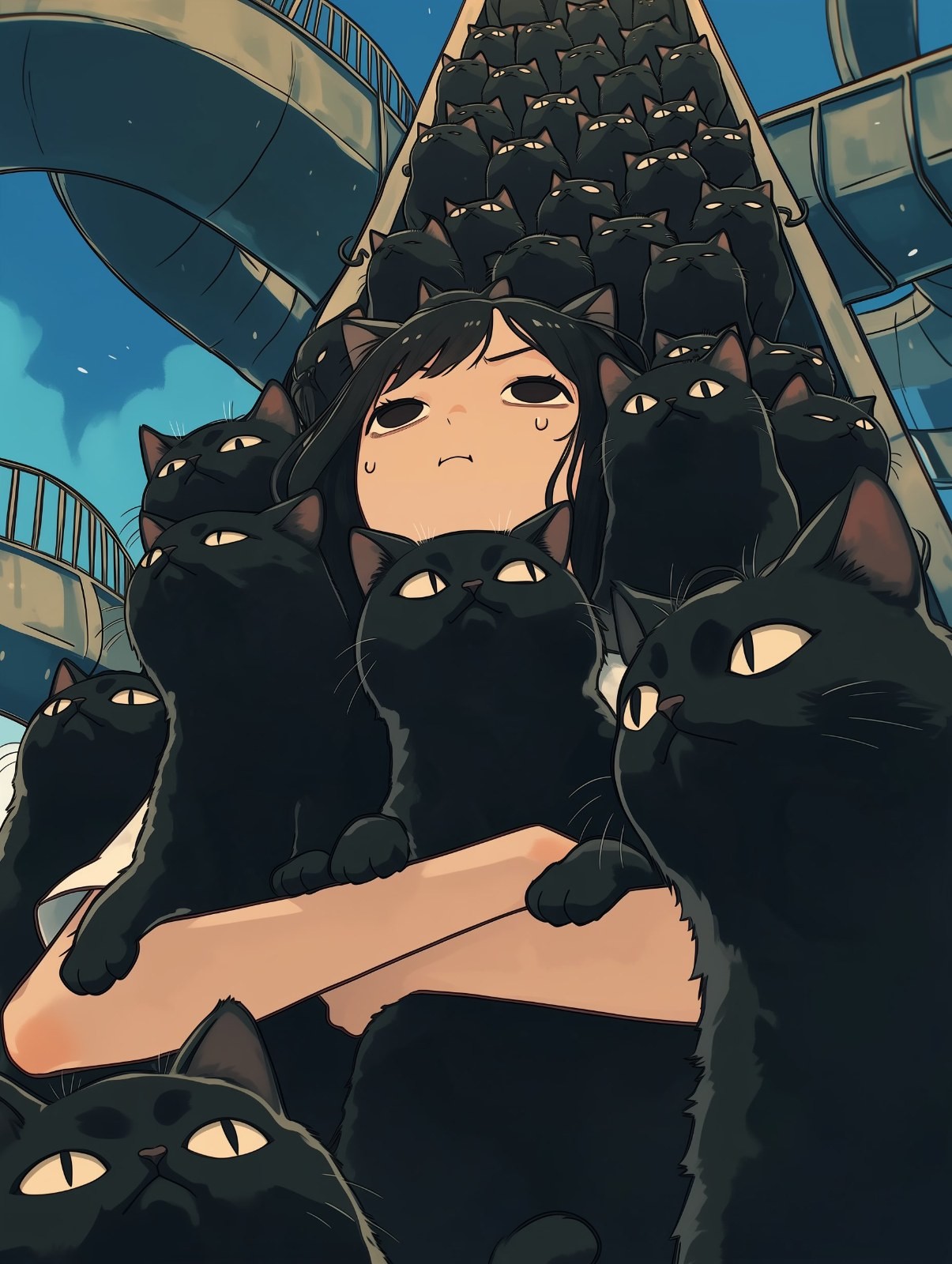 一位黑发少女在电梯上被无数黑猫包围，表情苦恼