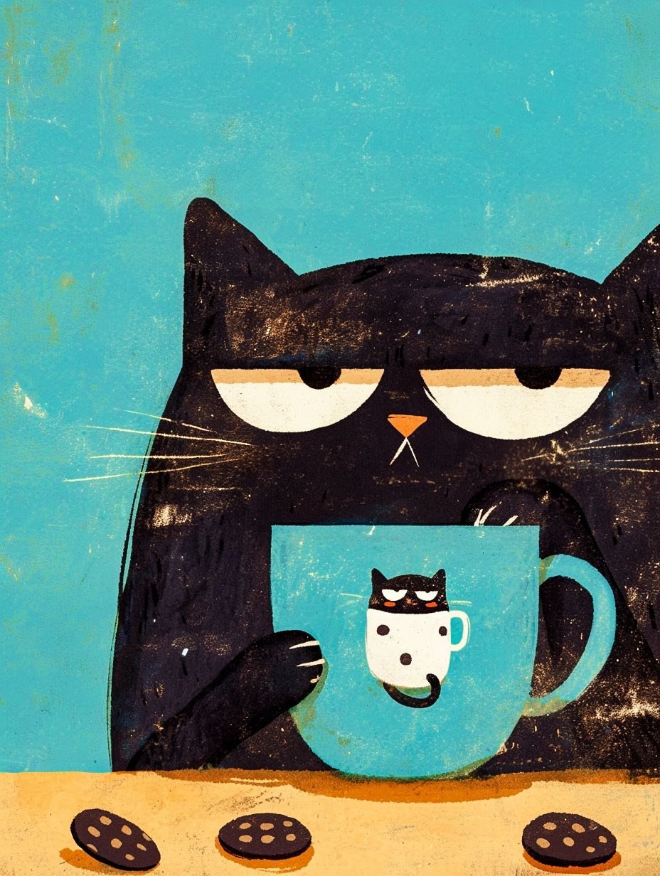 Un chat noir tient une tasse bleue, créant une atmosphère apaisante et réparatrice