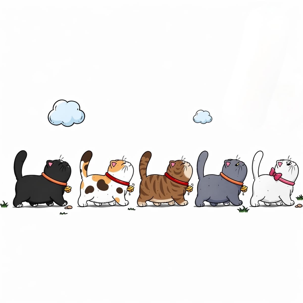 五只卡通猫咪并排仰头望天