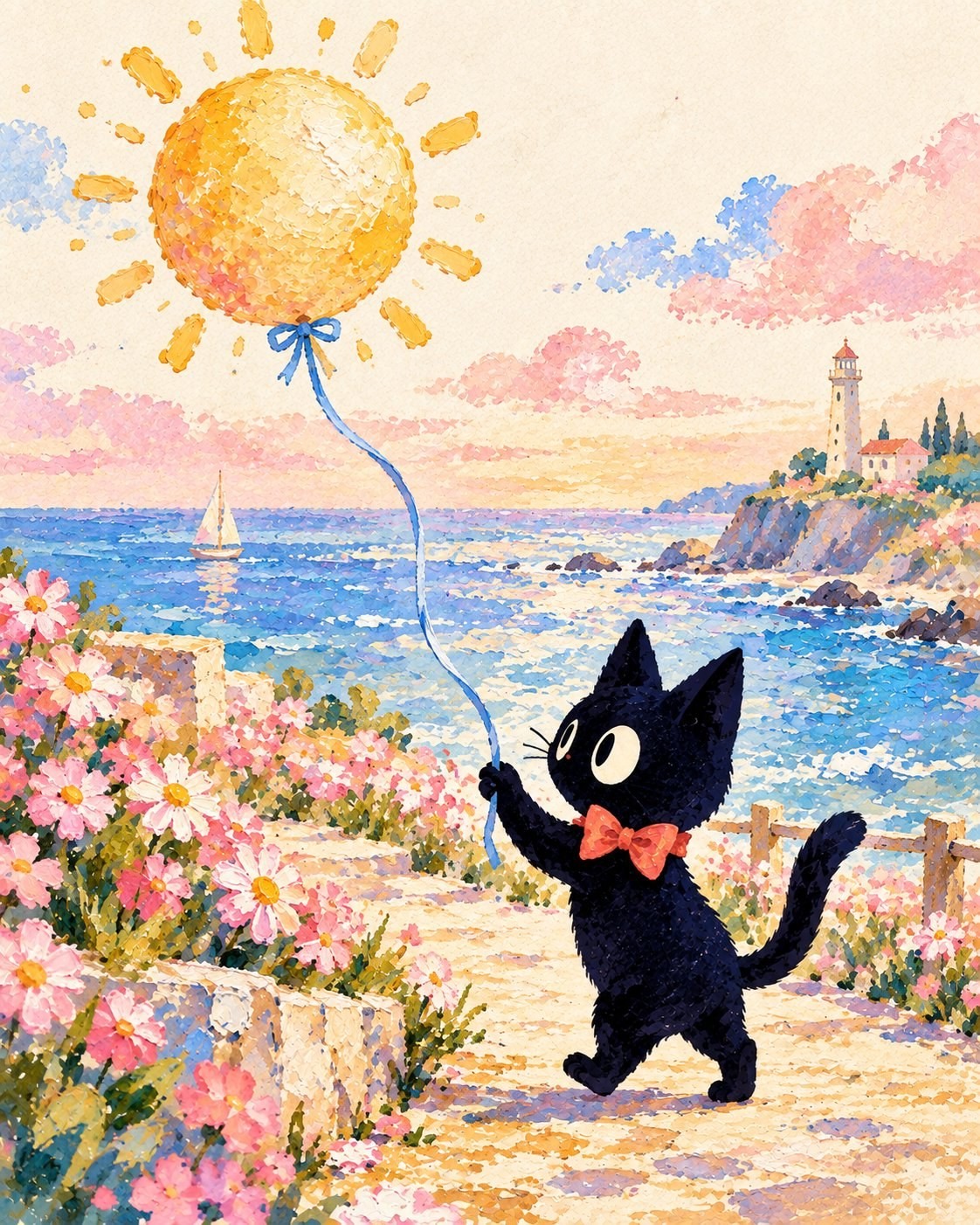 一只黑猫牵着黄色气球站在海边