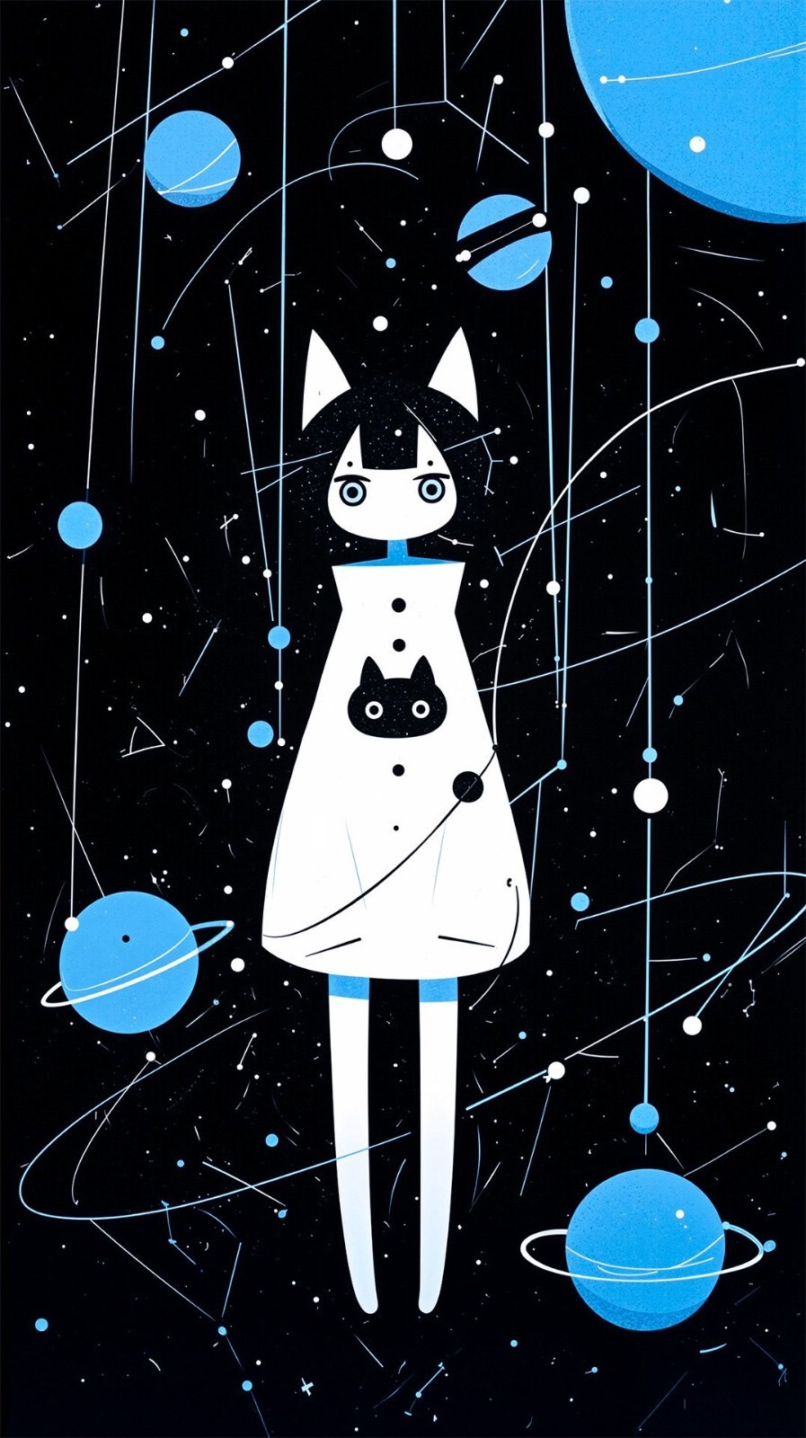 黒い宇宙の中に立つ猫耳のカートゥーンの女の子が、白い猫のデザインのワンピースを着ている