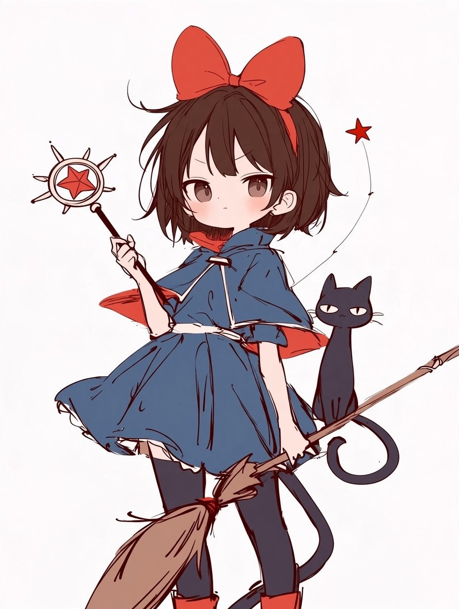 Uma menina de cabelo castanho curto vestindo um vestido azul escuro e um lenço vermelho segura uma varinha e uma vassoura, com um gato preto sentado na vassoura