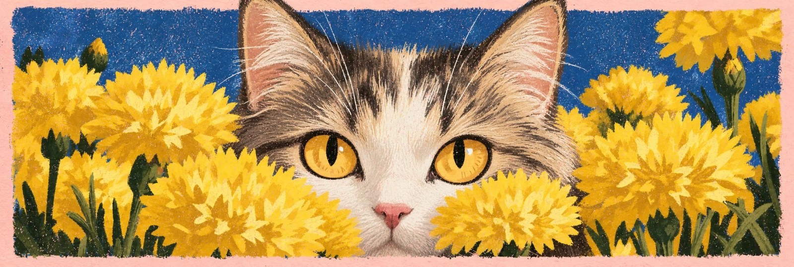 Um gato malhado cinza e branco espreita de um arbusto de flores douradas