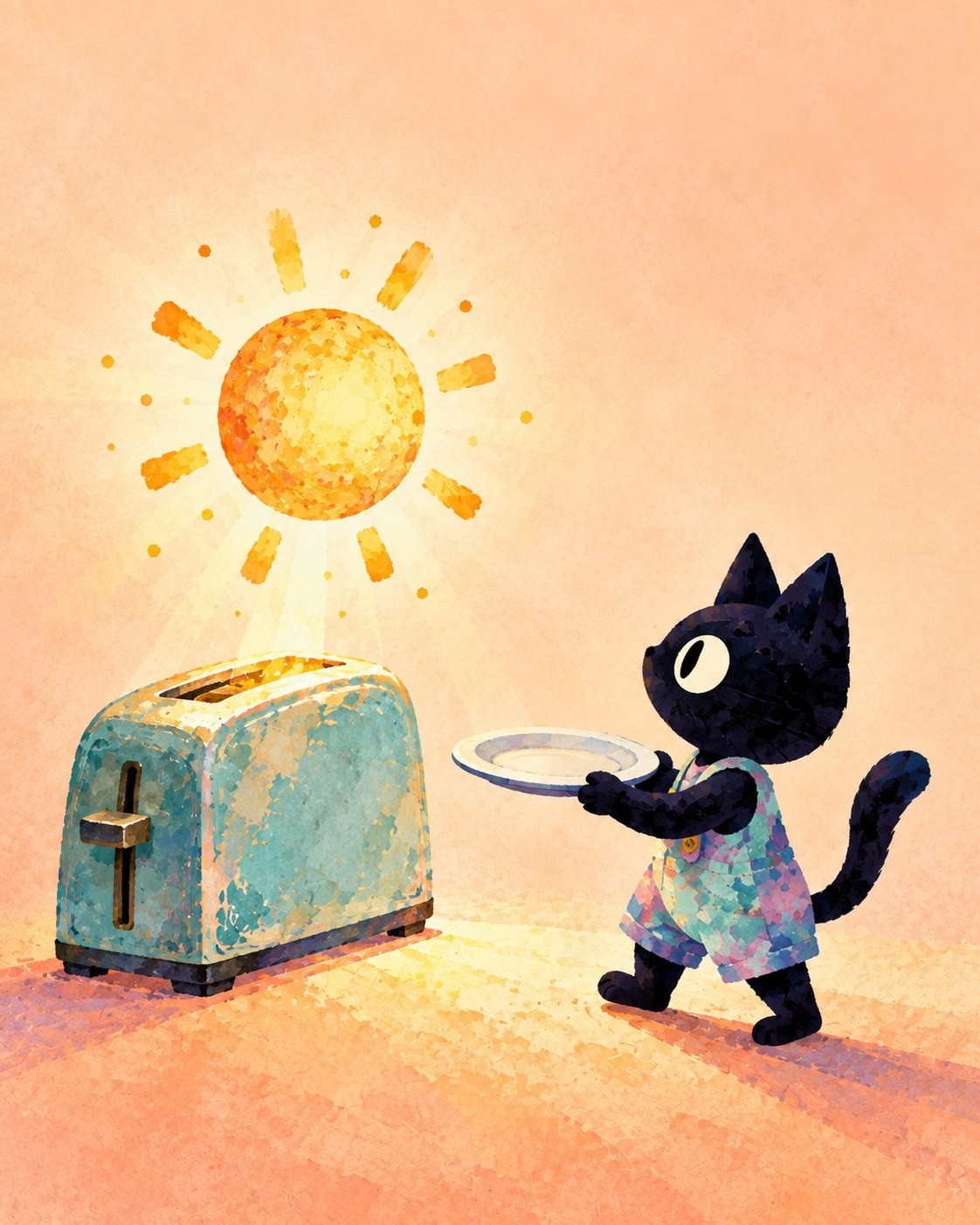 A black cat in blue-purple overalls holds a white empty plate looking up at a vintage toaster