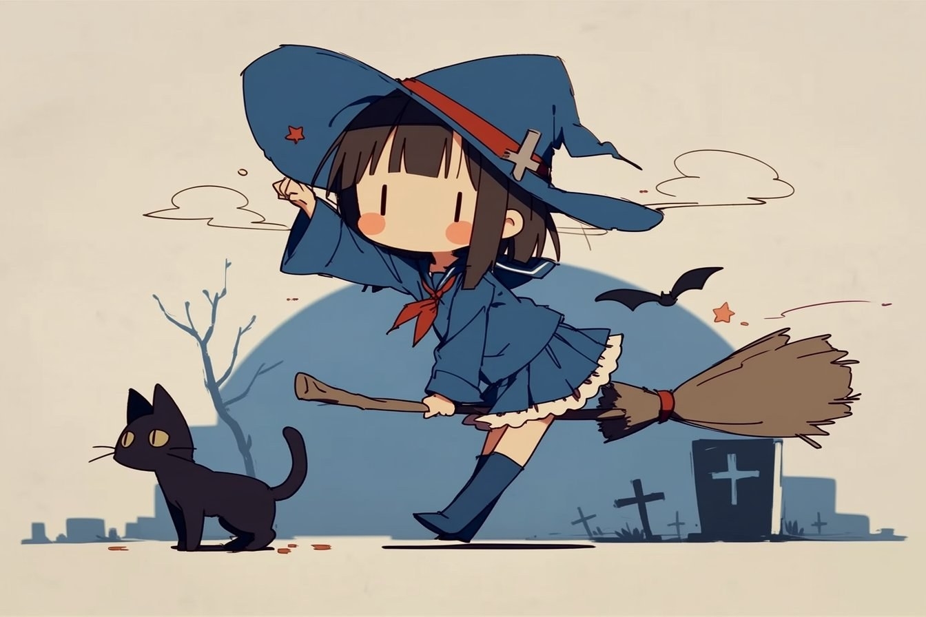 A cute chibi girl in a blue sailor dress walks with a black cat