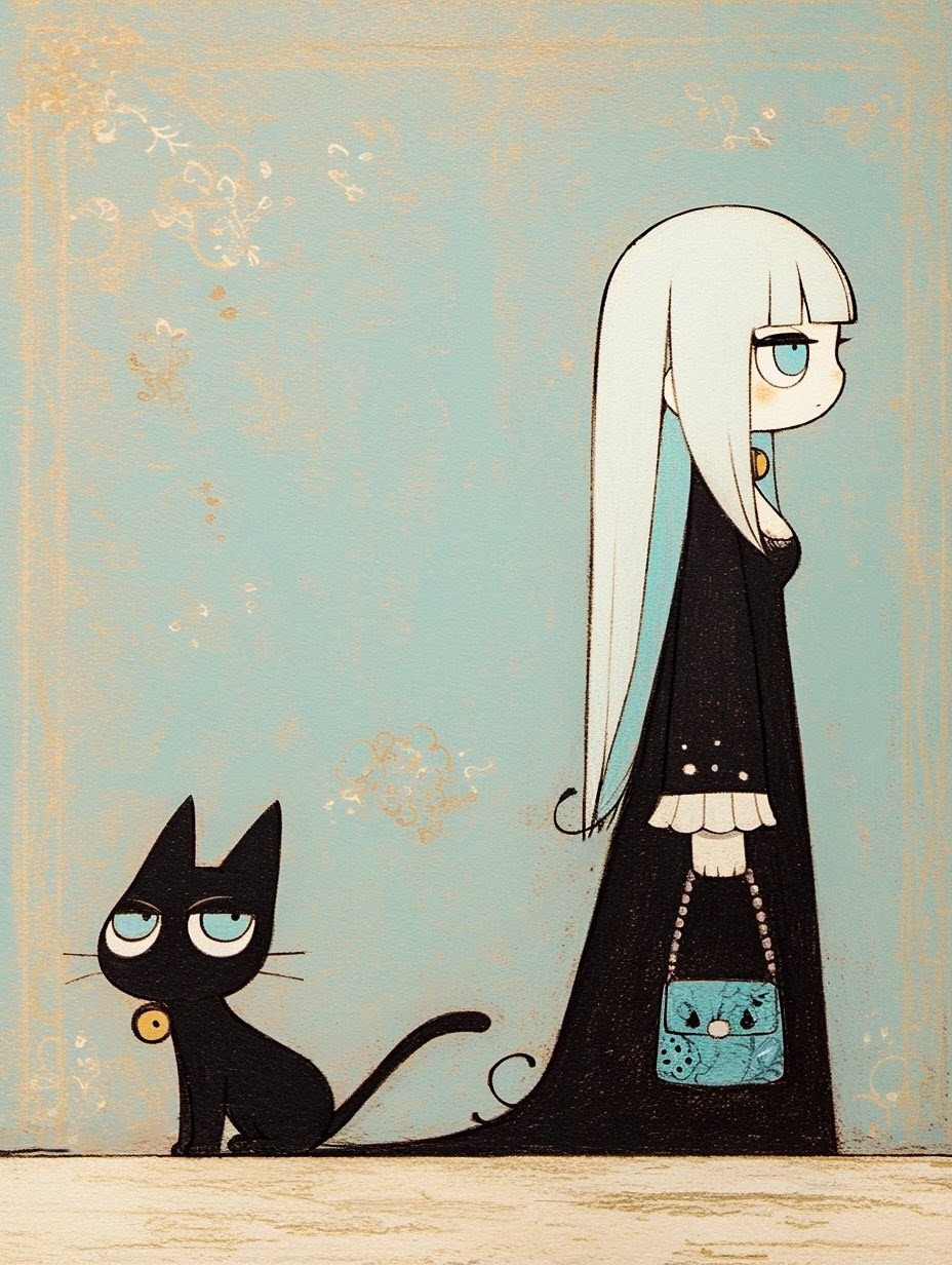 Una chica con cabello largo y blanco que usa un vestido negro sostiene un bolso azul verdoso junto a un gato negro