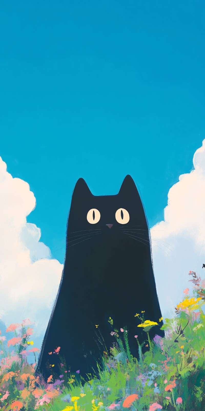 A giant black cat sits in a flowering meadow
