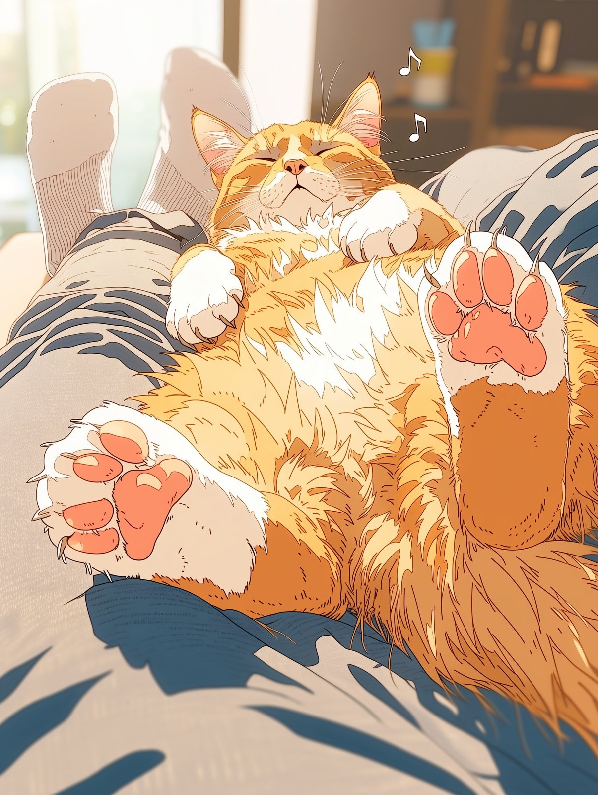 一只橘白虎斑猫在人的腿上仰躺，神情惬意