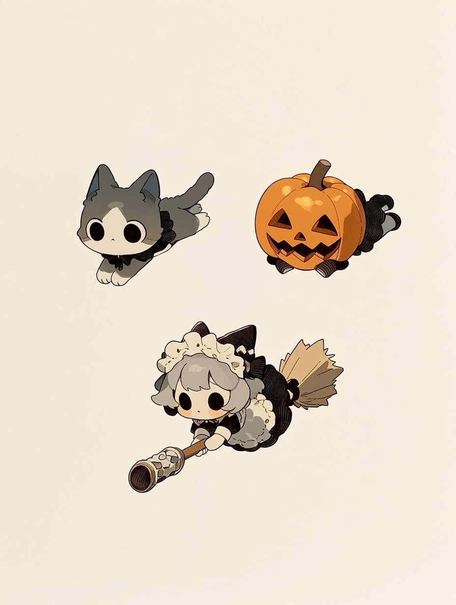 L'image présente un chat en cartoon, une lanterne citrouille et une fille sur un balai, créant une ambiance d'Halloween