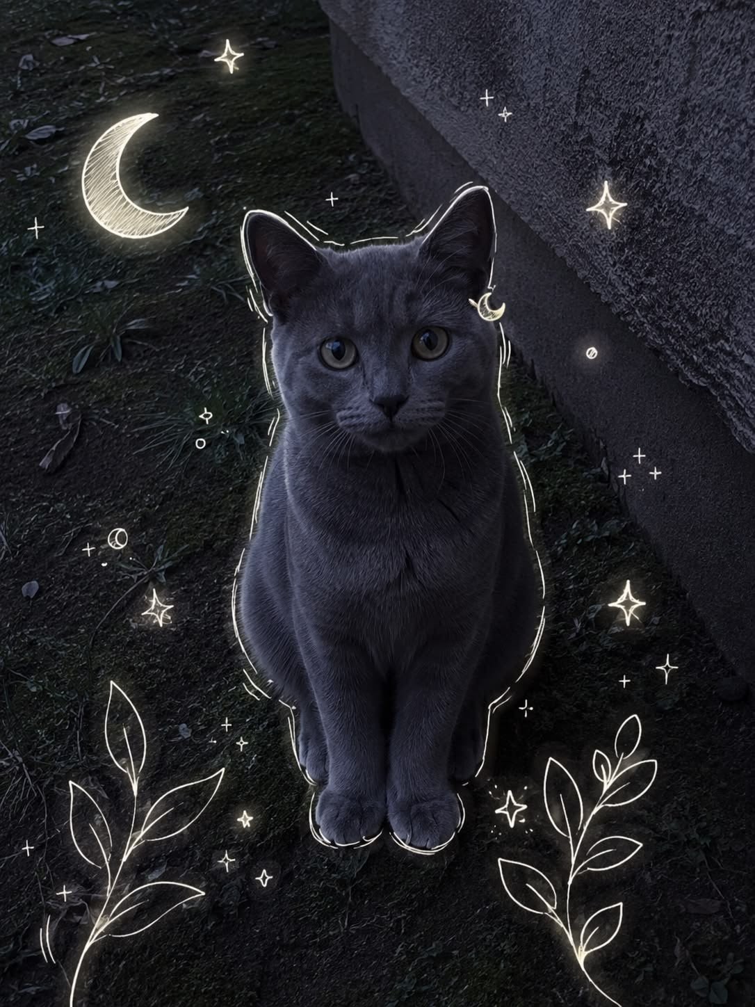 A dark gray short-haired cat sits on the muddy ground at night, looking at the camera with a crescent-shaped earring on its right ear