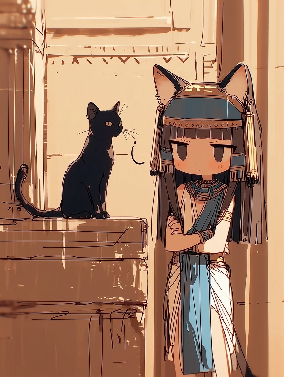 一位古埃及风格服饰的女孩与一只黑猫同框