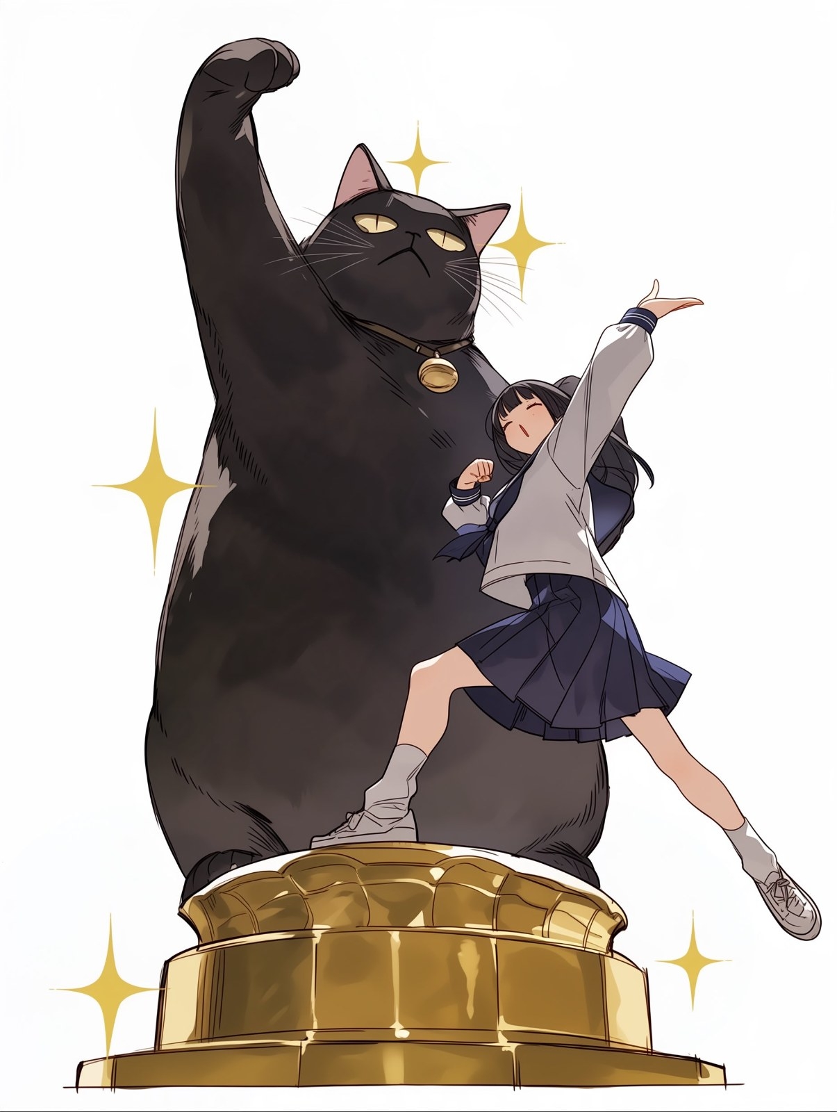 一只黑猫站在金色底座上，旁边有女孩欢笑