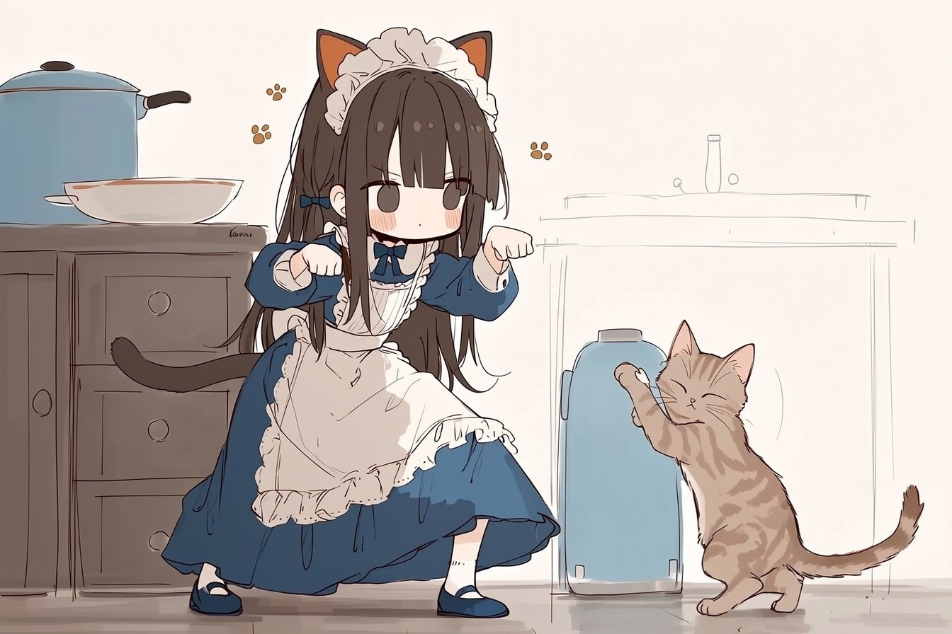 一位少女身穿蓝色连衣裙和围裙，头戴猫耳，旁边有只猫