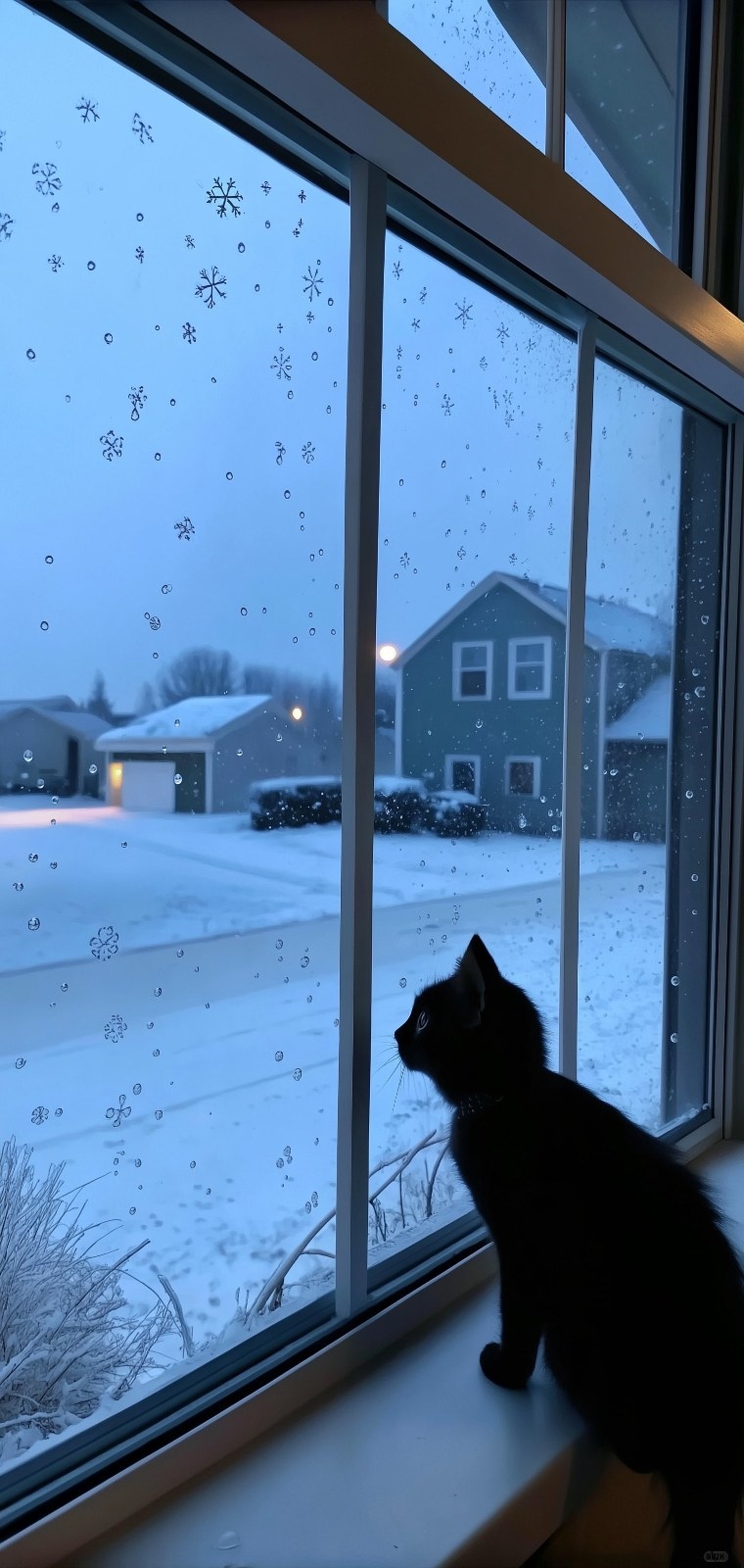 黒猫が白い窓際に座って雪景色を見ている