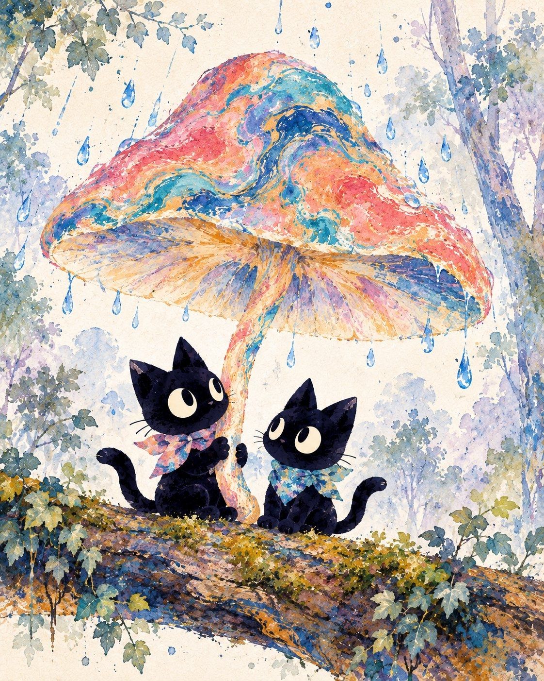 Dos gatos negros se refugian bajo un hongo gigante de la lluvia