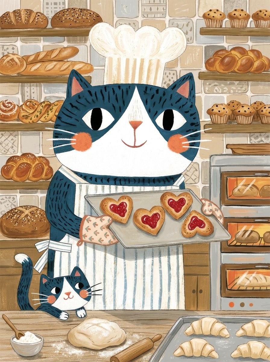 A large blue cat is holding heart-shaped jam cookies in the bakery