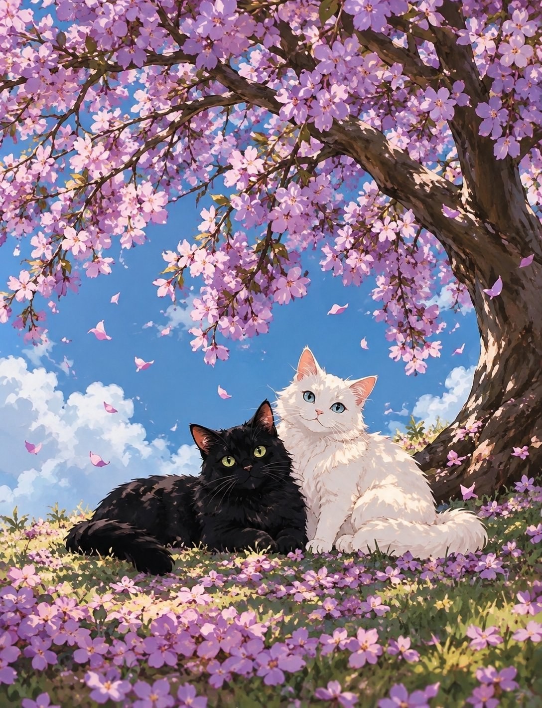 Eine schwarze Katze und eine weiße Katze liegen zusammen unter einem Kirschbaum