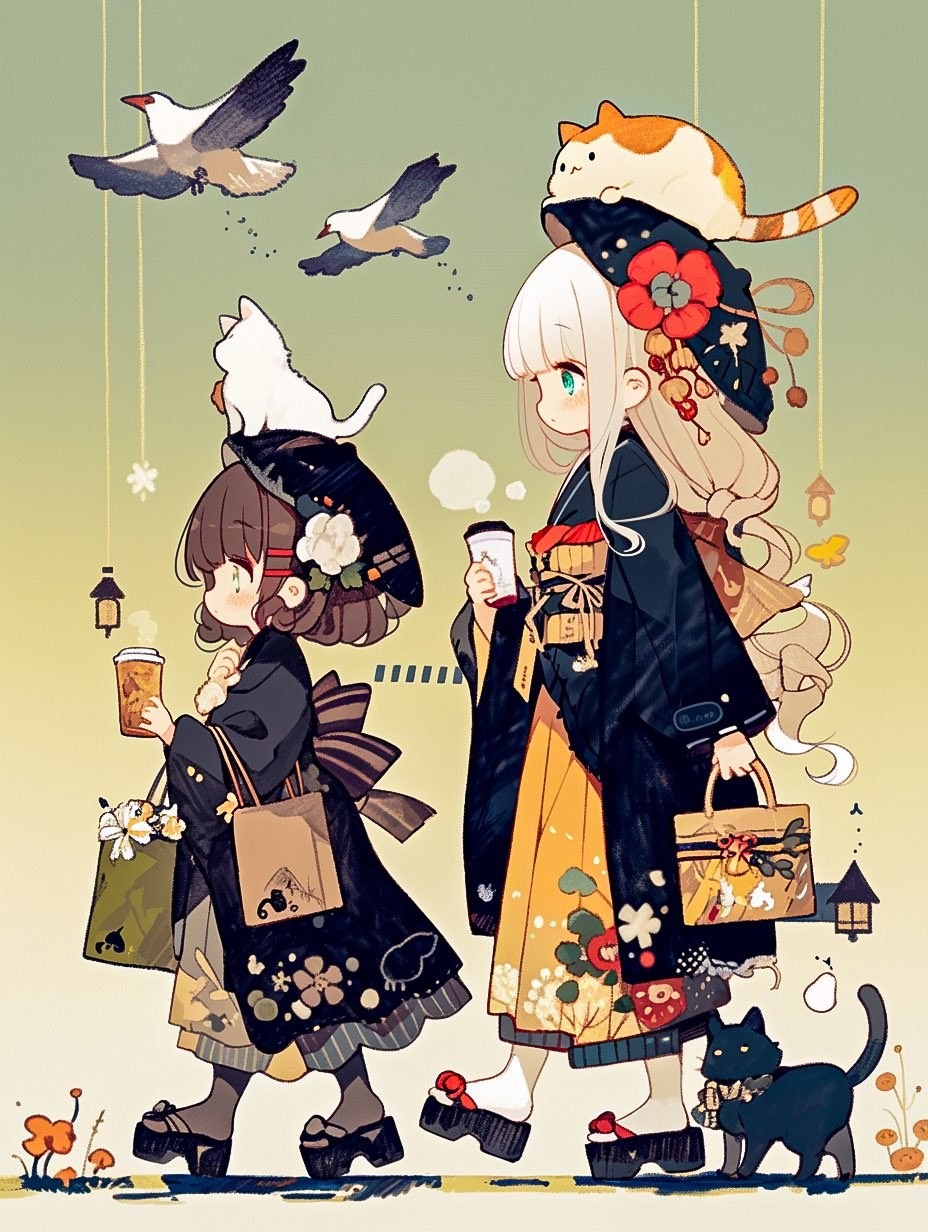 兩位少女身穿和服並肩行走，一人抱著白貓，另一人手持紙杯