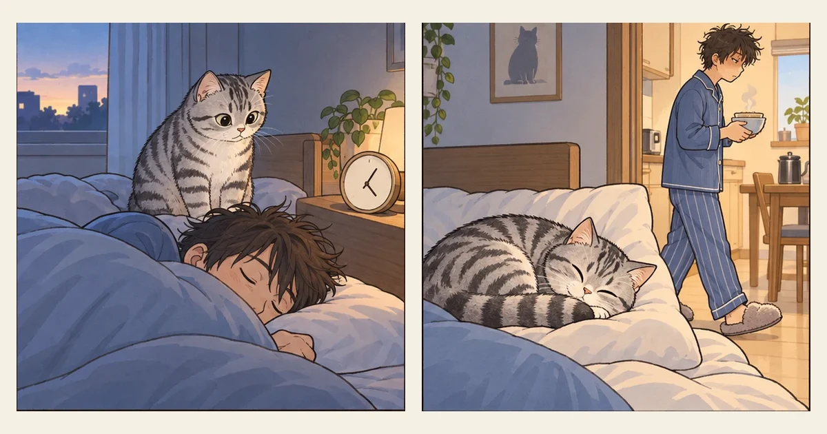 漫画插画:猫与人享受平静的居家生活