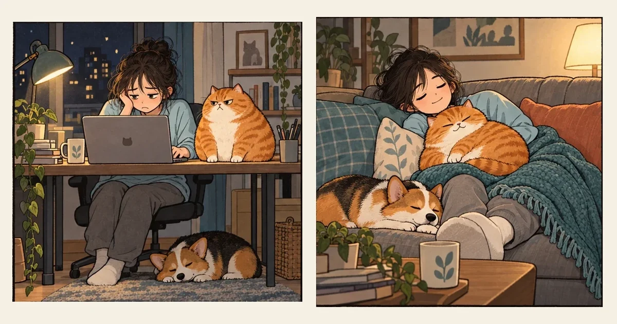 漫画插画:猫咪与人安静度过下班时光