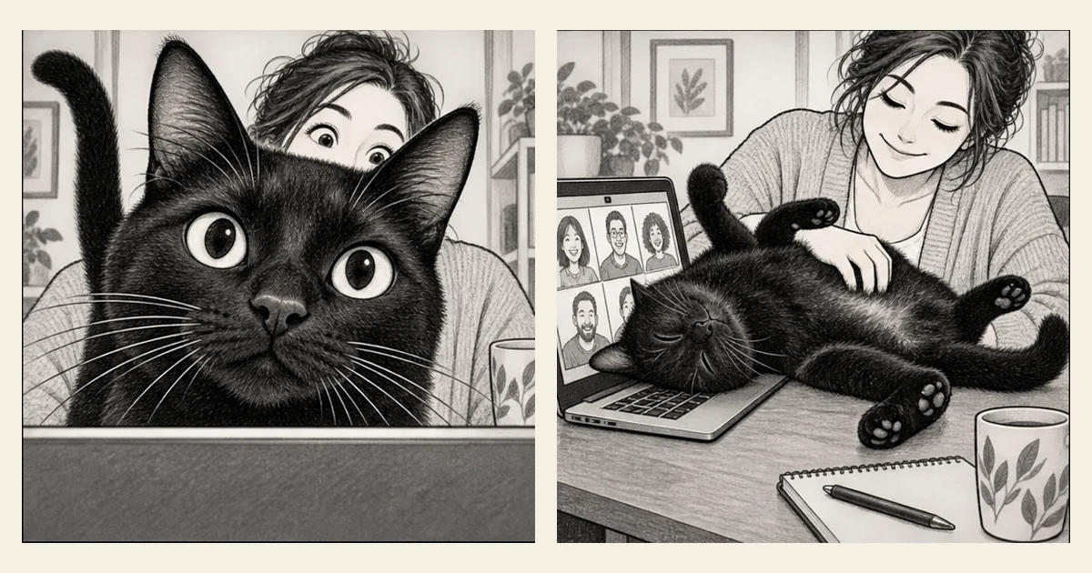 漫画插画:猫咪们像开会一样围坐